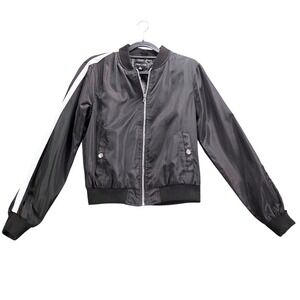 New Look Womens Black Bomber Jacket White Sleeve Stripes Full Zip Size M